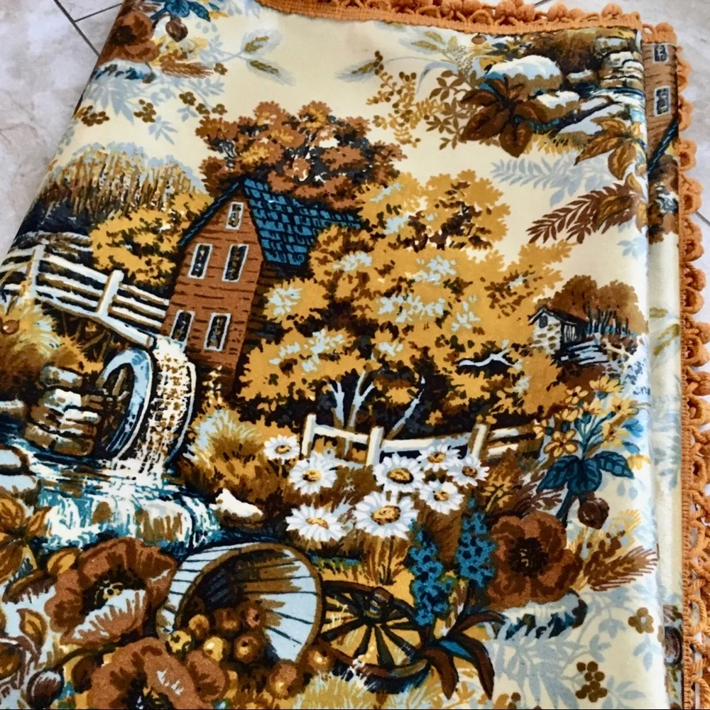 Vintage 70s Country Cottage Water Wheel Tapestry Pom Pom Edges | 56” x 72”